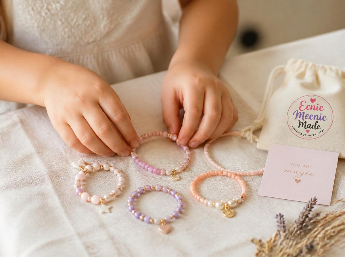 Handmade beaded bracelets arranged on linen
